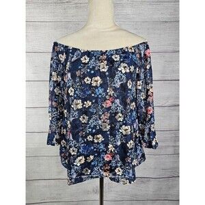 Lavender Sky Women's Floral Lace Off Shoulder Top Blue Size Small